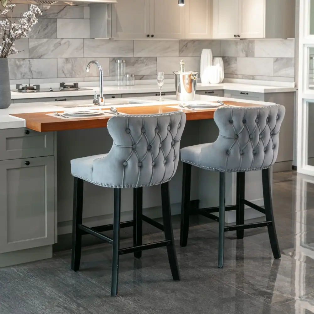 4x Velvet Upholstered Button Tufted Bar Stools with Wood Legs and Studs-Grey - Furniture > Bar Stools & Chairs