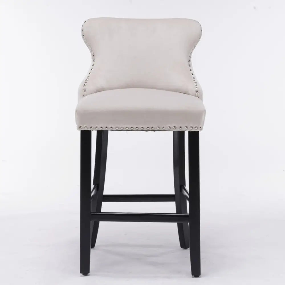 4x Velvet Upholstered Button Tufted Bar Stools with Wood Legs and Studs-Beige - Furniture > Bar Stools & Chairs