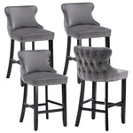4x Velvet Upholstered Button Tufted Bar Stools with Wood Legs and Studs-Grey - Furniture > Bar Stools & Chairs