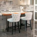 4x Velvet Upholstered Button Tufted Bar Stools with Wood Legs and Studs-Beige - Furniture > Bar Stools & Chairs