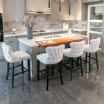 4x Velvet Upholstered Button Tufted Bar Stools with Wood Legs and Studs-Beige - Furniture > Bar Stools & Chairs