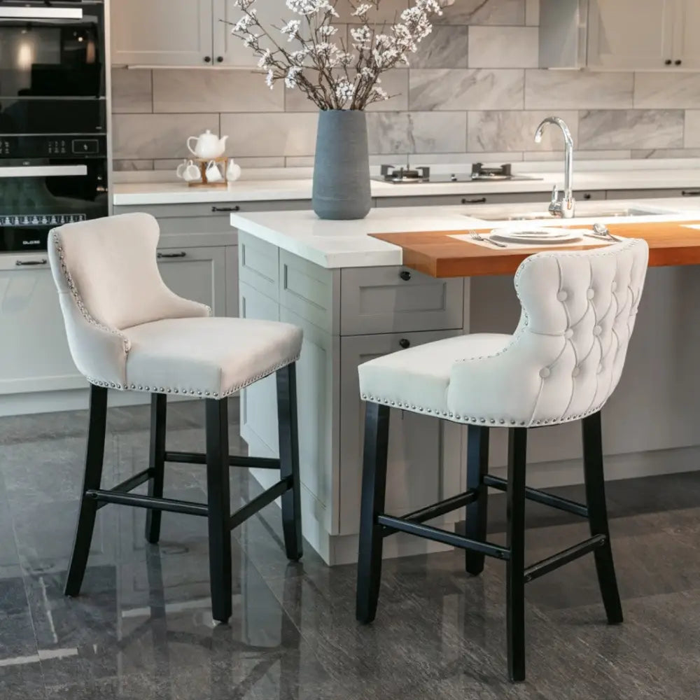 4x Velvet Upholstered Button Tufted Bar Stools with Wood Legs and Studs-Beige - Furniture > Bar Stools & Chairs