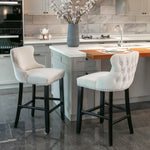 4x Velvet Upholstered Button Tufted Bar Stools with Wood Legs and Studs-Beige - Furniture > Bar Stools & Chairs