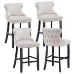 4x Velvet Upholstered Button Tufted Bar Stools with Wood Legs and Studs-Beige - Furniture > Bar Stools & Chairs