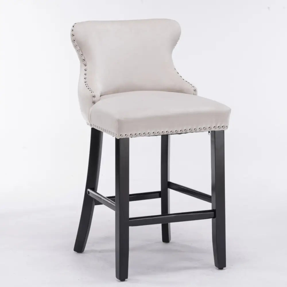 4x Velvet Upholstered Button Tufted Bar Stools with Wood Legs and Studs-Beige - Furniture > Bar Stools & Chairs