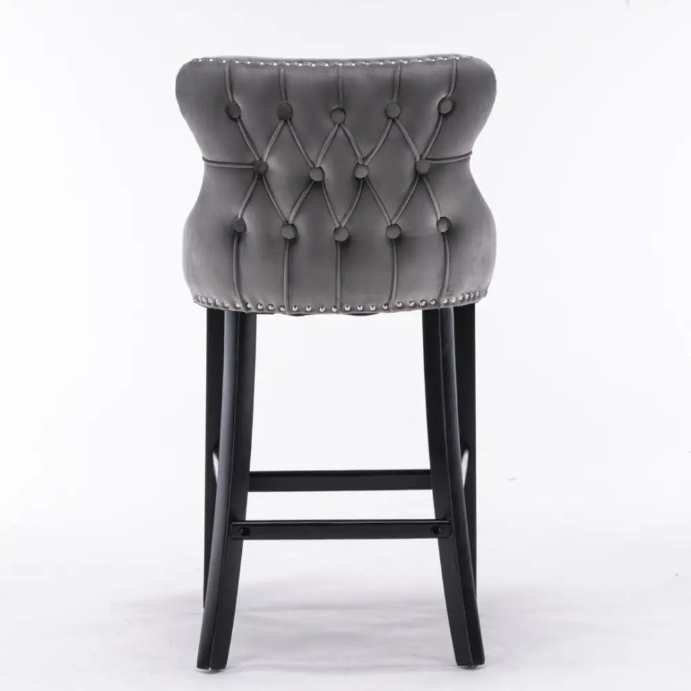 4x Velvet Upholstered Button Tufted Bar Stools with Wood Legs and Studs-Grey - Furniture > Bar Stools & Chairs