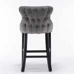 4x Velvet Upholstered Button Tufted Bar Stools with Wood Legs and Studs-Grey - Furniture > Bar Stools & Chairs