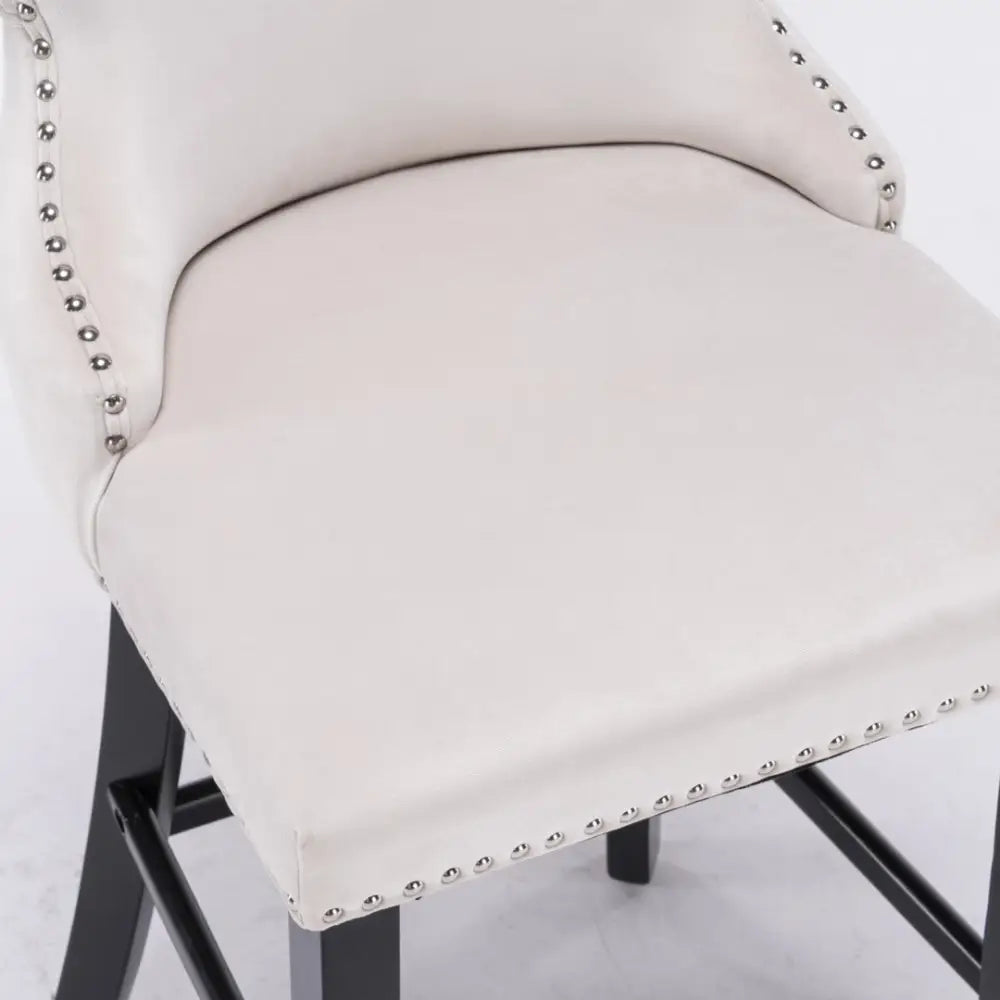 4x Velvet Upholstered Button Tufted Bar Stools with Wood Legs and Studs-Beige - Furniture > Bar Stools & Chairs