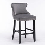 4x Velvet Upholstered Button Tufted Bar Stools with Wood Legs and Studs-Grey - Furniture > Bar Stools & Chairs