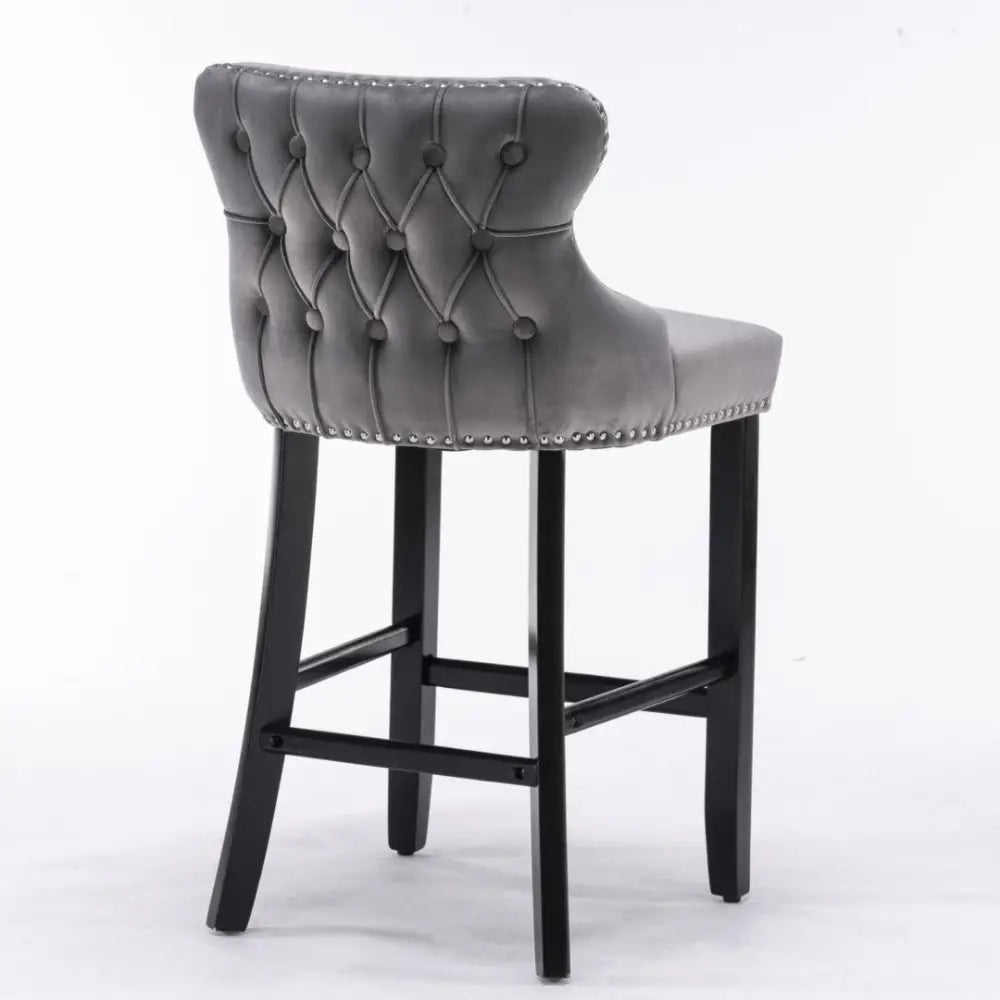4x Velvet Upholstered Button Tufted Bar Stools with Wood Legs and Studs-Grey - Furniture > Bar Stools & Chairs
