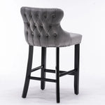 4x Velvet Upholstered Button Tufted Bar Stools with Wood Legs and Studs-Grey - Furniture > Bar Stools & Chairs