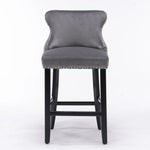 4x Velvet Upholstered Button Tufted Bar Stools with Wood Legs and Studs-Grey - Furniture > Bar Stools & Chairs
