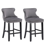 4x Velvet Upholstered Button Tufted Bar Stools with Wood Legs and Studs-Grey - Furniture > Bar Stools & Chairs