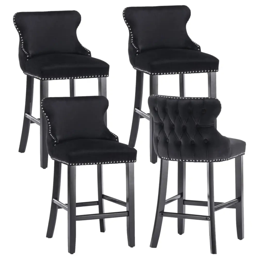 4x Velvet Upholstered Button Tufted Bar Stools with Wood Legs and Studs-Black - Furniture > Bar Stools & Chairs > Table