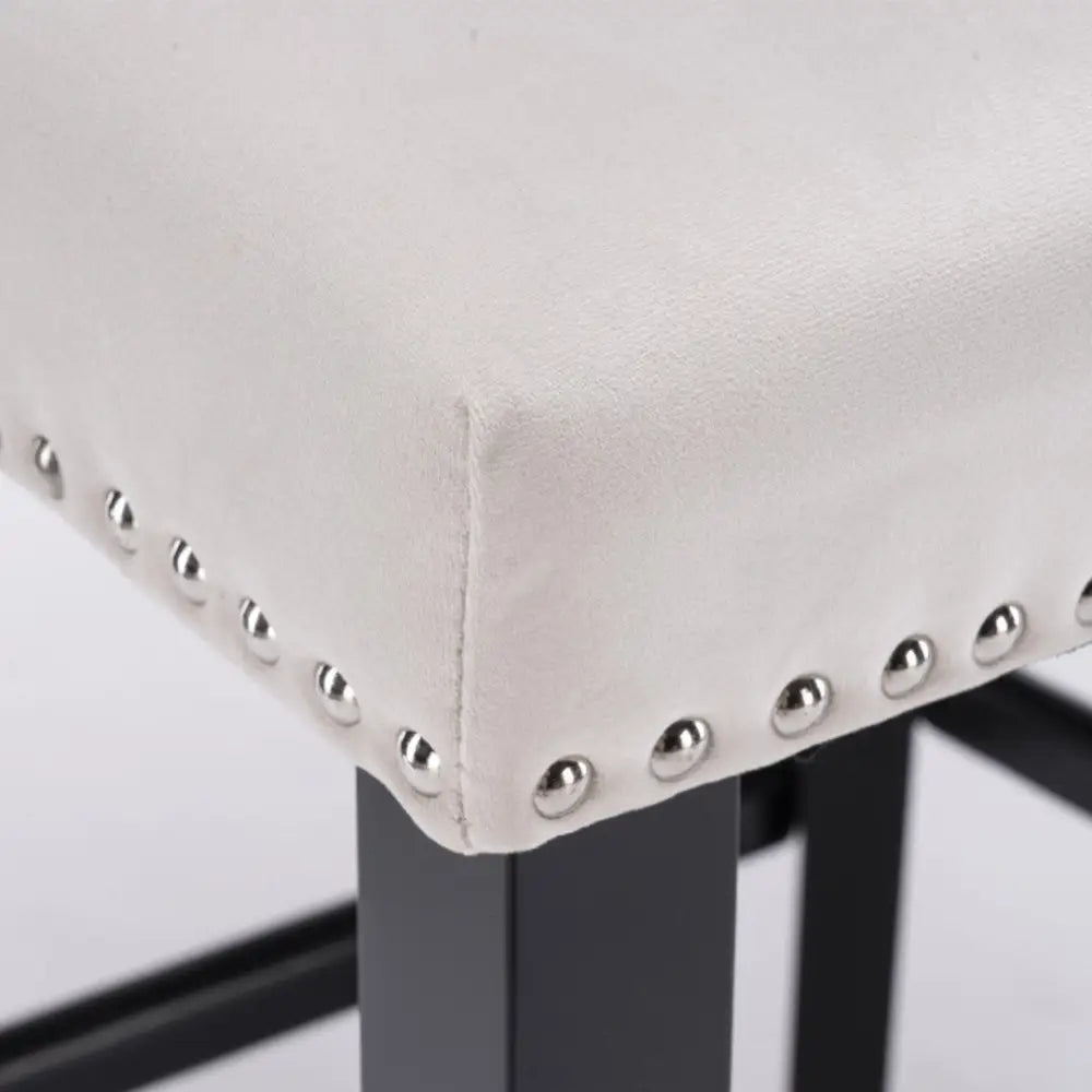 4x Velvet Upholstered Button Tufted Bar Stools with Wood Legs and Studs-Beige - Furniture > Bar Stools & Chairs
