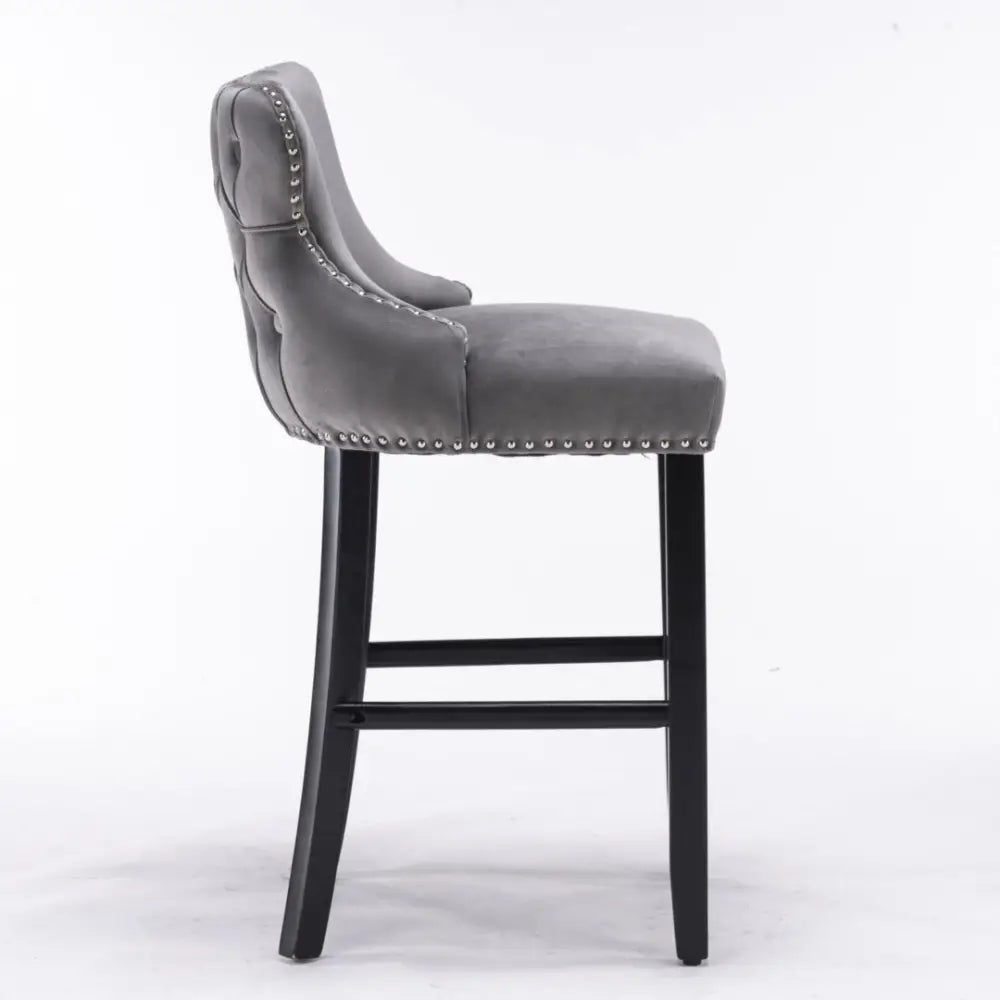 4x Velvet Upholstered Button Tufted Bar Stools with Wood Legs and Studs-Grey - Furniture > Bar Stools & Chairs