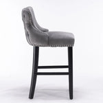 4x Velvet Upholstered Button Tufted Bar Stools with Wood Legs and Studs-Grey - Furniture > Bar Stools & Chairs