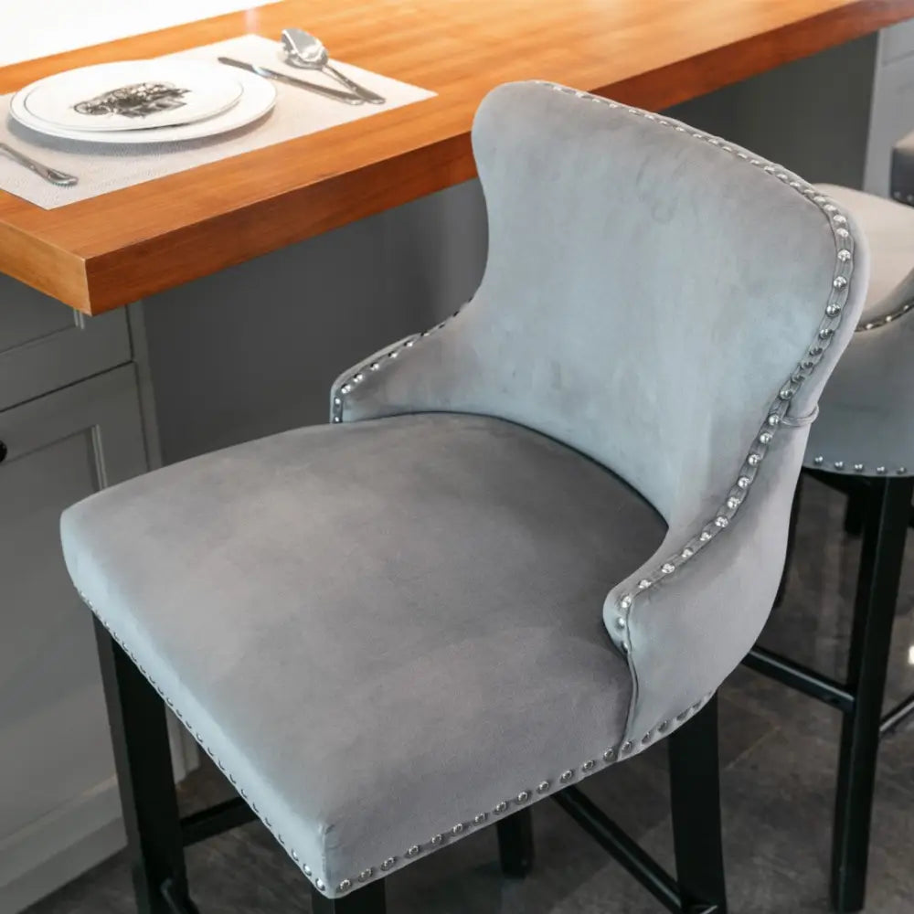 4x Velvet Upholstered Button Tufted Bar Stools with Wood Legs and Studs-Grey - Furniture > Bar Stools & Chairs