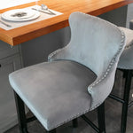 4x Velvet Upholstered Button Tufted Bar Stools with Wood Legs and Studs-Grey - Furniture > Bar Stools & Chairs