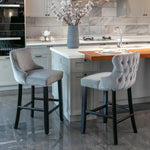 4x Velvet Upholstered Button Tufted Bar Stools with Wood Legs and Studs-Grey - Furniture > Bar Stools & Chairs