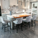 4x Velvet Upholstered Button Tufted Bar Stools with Wood Legs and Studs-Grey - Furniture > Bar Stools & Chairs