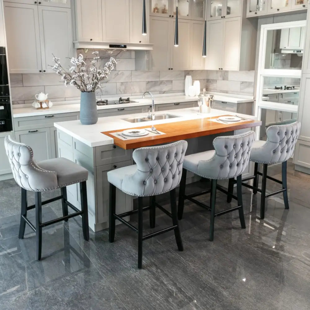 4x Velvet Upholstered Button Tufted Bar Stools with Wood Legs and Studs-Grey - Furniture > Bar Stools & Chairs