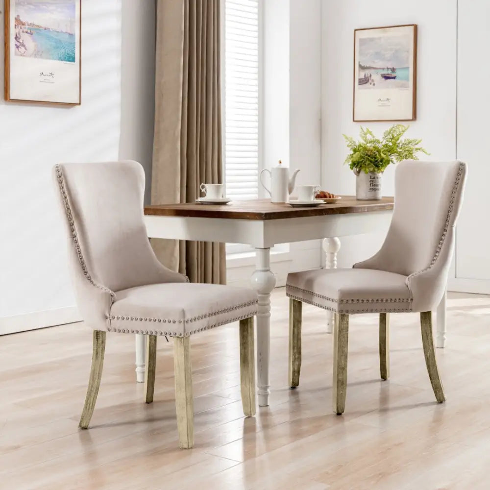 4x Velvet Upholstered Dining Chairs Tufted Wingback Side Chair with Studs Trim Solid Wood Legs for Kitchen - Furniture
