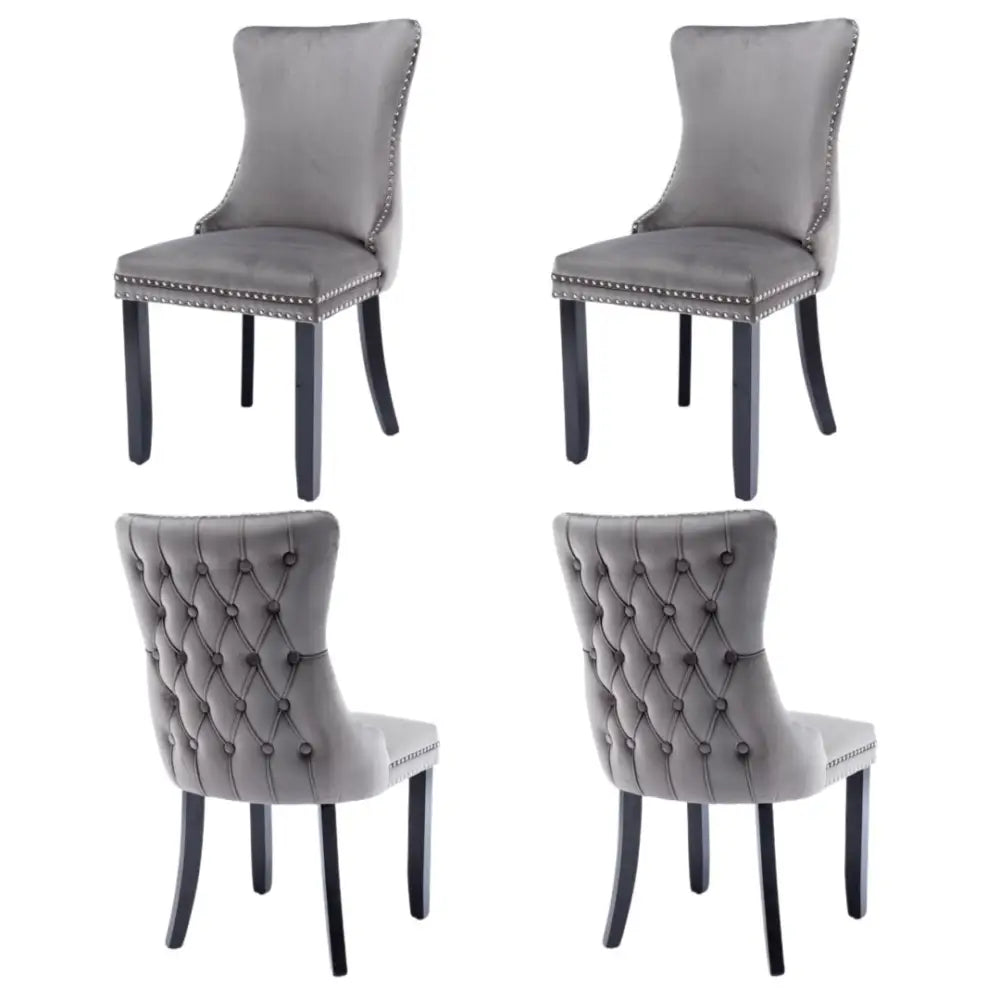 4x Velvet Upholstered Dining Chairs Tufted Wingback Side Chair with Studs Trim Solid Wood Legs for Kitchen - Furniture