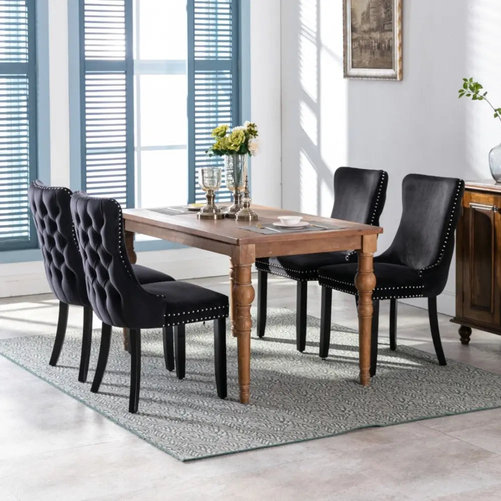 4x Velvet Upholstered Dining Chairs Tufted Wingback Side Chair with Studs Trim Solid Wood Legs for Kitchen - Furniture