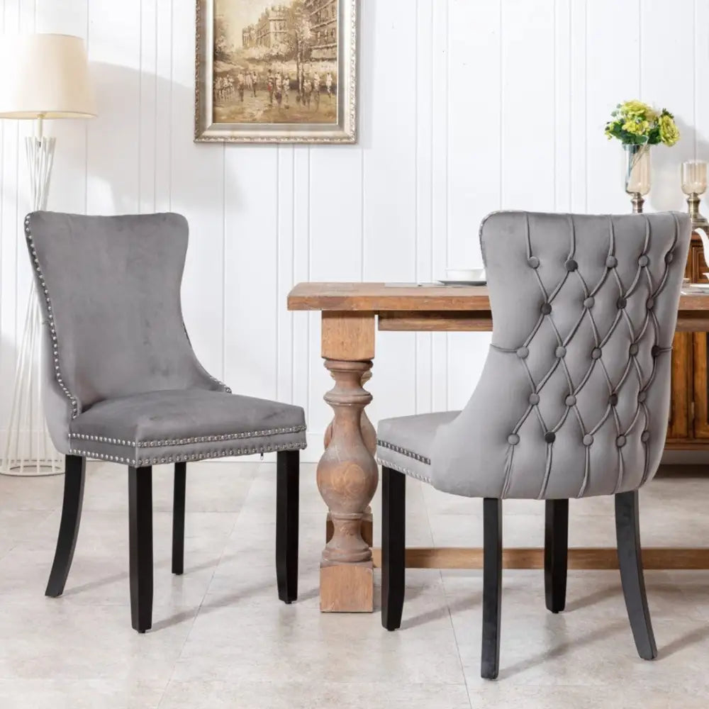 4x Velvet Upholstered Dining Chairs Tufted Wingback Side Chair with Studs Trim Solid Wood Legs for Kitchen - Furniture