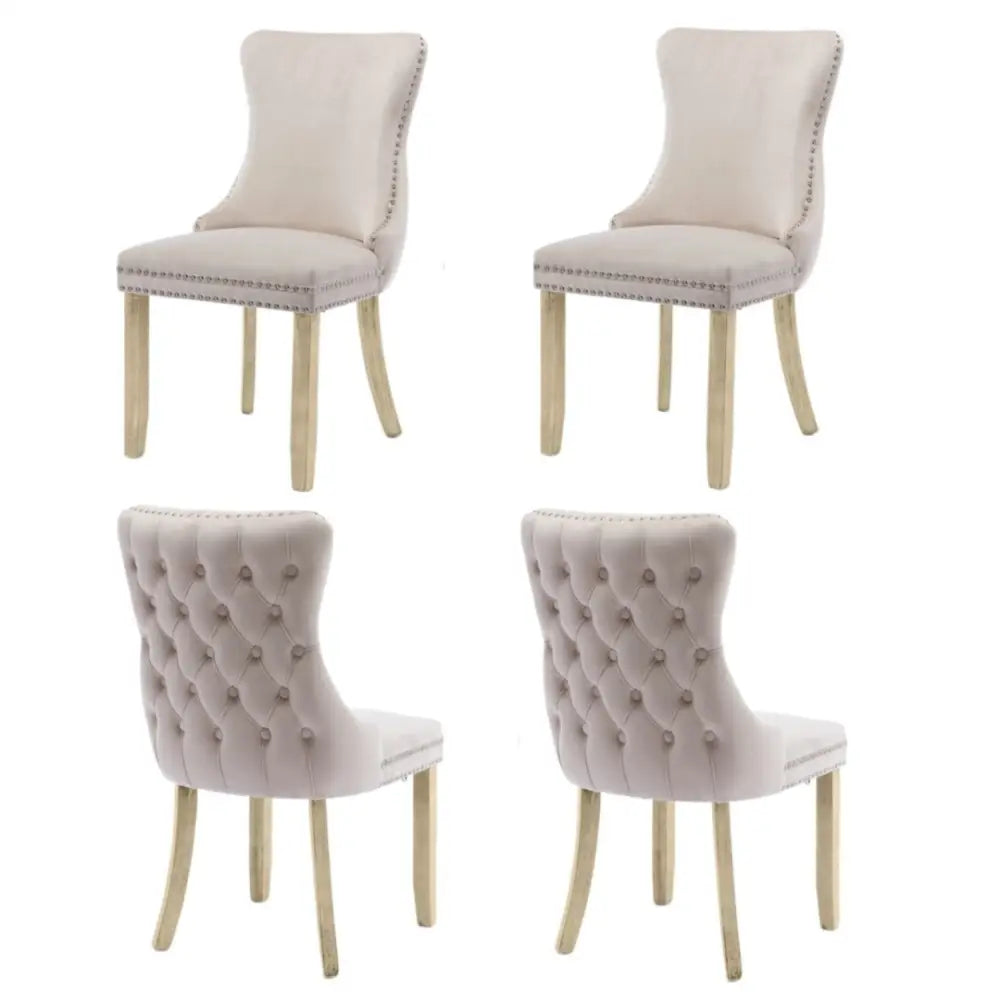 4x Velvet Upholstered Dining Chairs Tufted Wingback Side Chair with Studs Trim Solid Wood Legs for Kitchen - Furniture