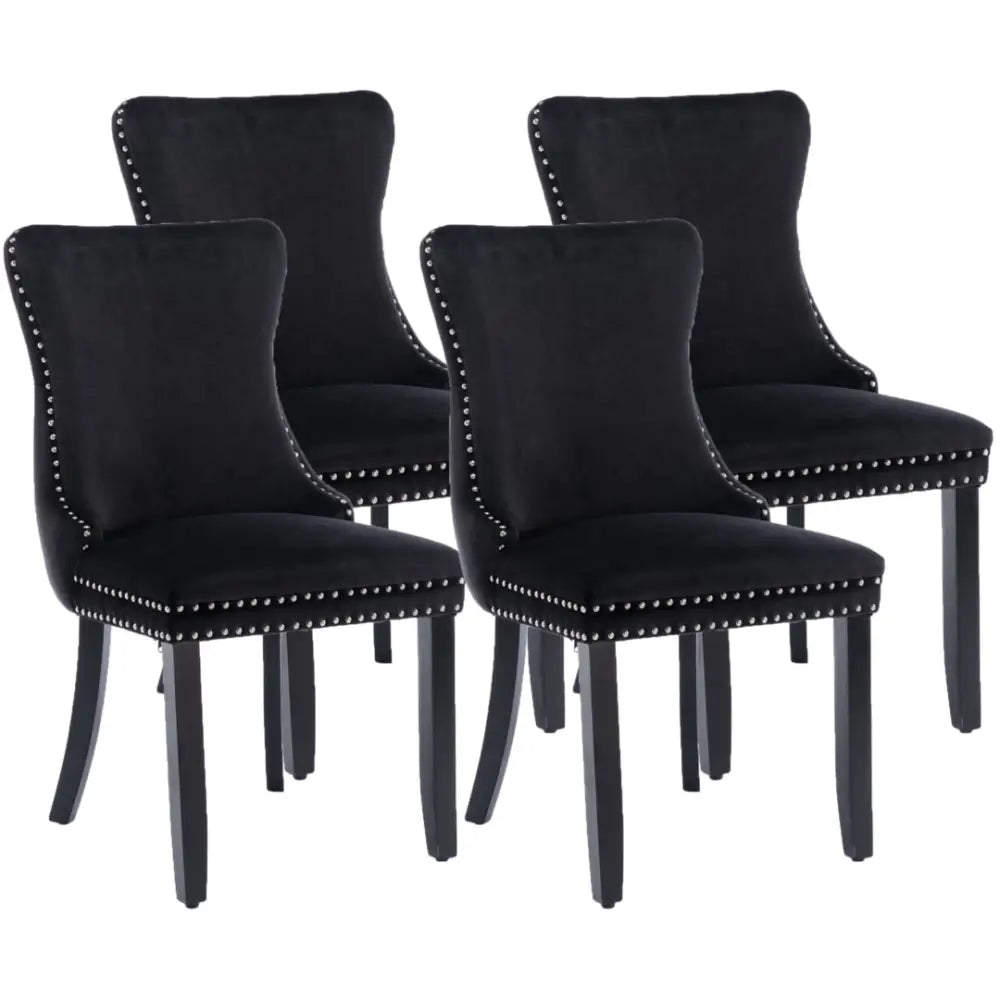 4x Velvet Upholstered Dining Chairs Tufted Wingback Side Chair with Studs Trim Solid Wood Legs for Kitchen - Furniture