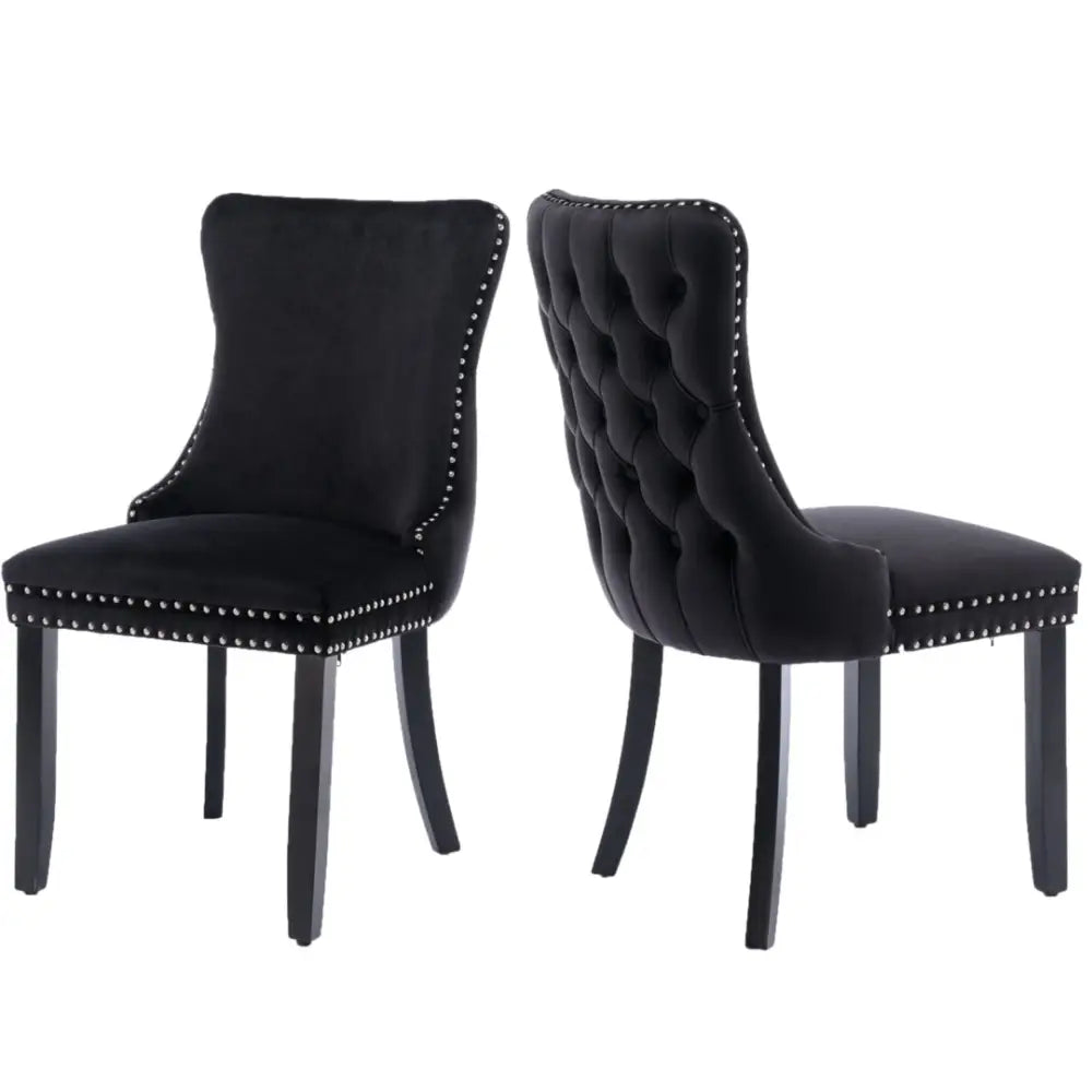 4x Velvet Upholstered Dining Chairs Tufted Wingback Side Chair with Studs Trim Solid Wood Legs for Kitchen - Furniture
