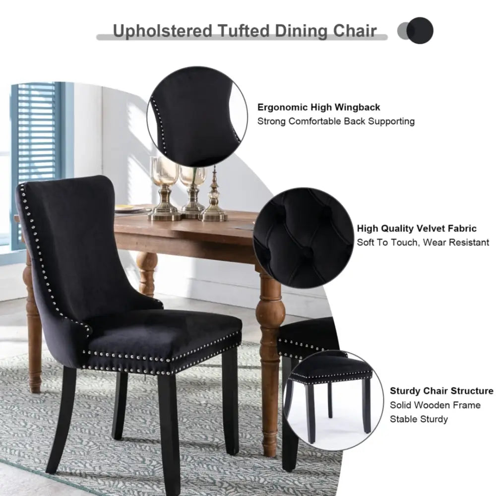 4x Velvet Upholstered Dining Chairs Tufted Wingback Side Chair with Studs Trim Solid Wood Legs for Kitchen - Furniture