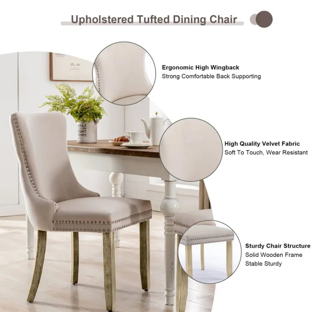 4x Velvet Upholstered Dining Chairs Tufted Wingback Side Chair with Studs Trim Solid Wood Legs for Kitchen - Furniture