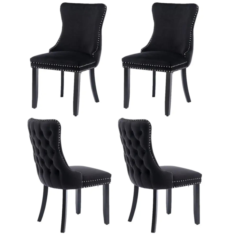 4x Velvet Upholstered Dining Chairs Tufted Wingback Side Chair with Studs Trim Solid Wood Legs for Kitchen - Furniture