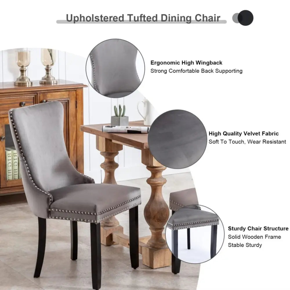 4x Velvet Upholstered Dining Chairs Tufted Wingback Side Chair with Studs Trim Solid Wood Legs for Kitchen - Furniture