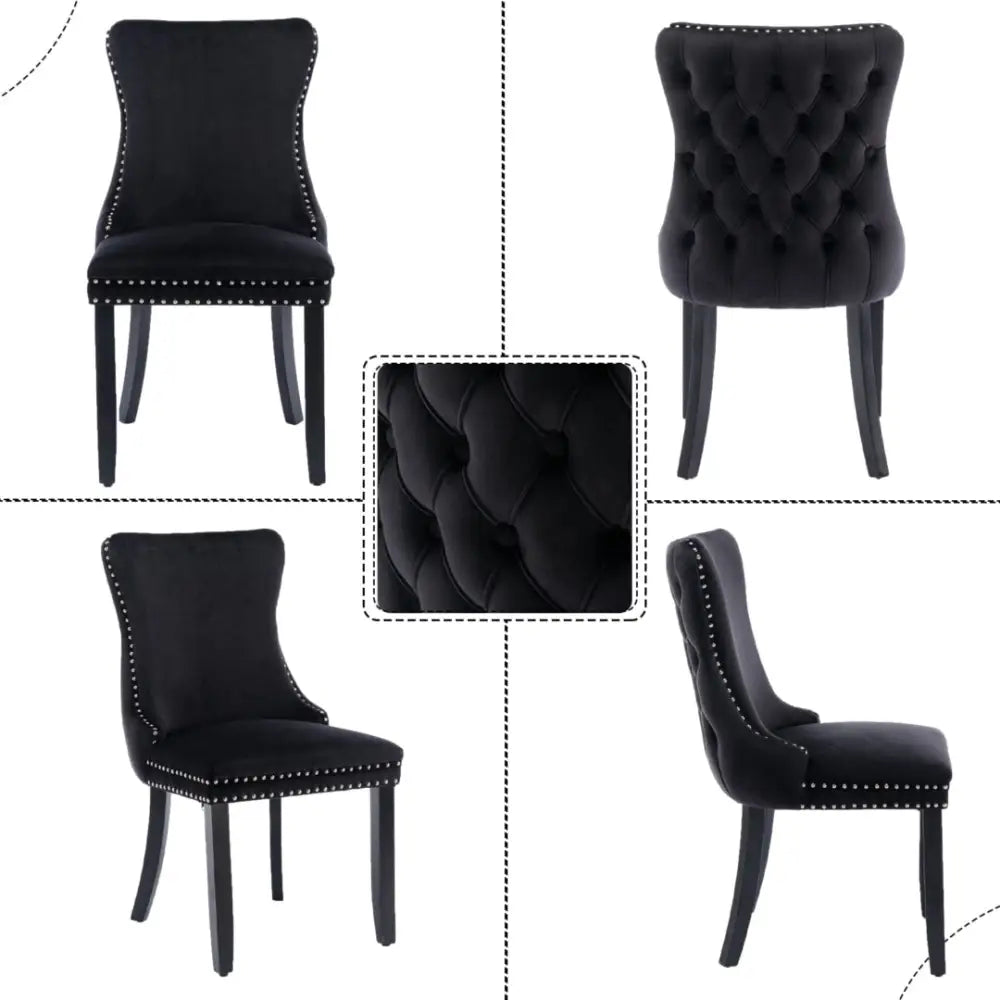 4x Velvet Upholstered Dining Chairs Tufted Wingback Side Chair with Studs Trim Solid Wood Legs for Kitchen - Furniture