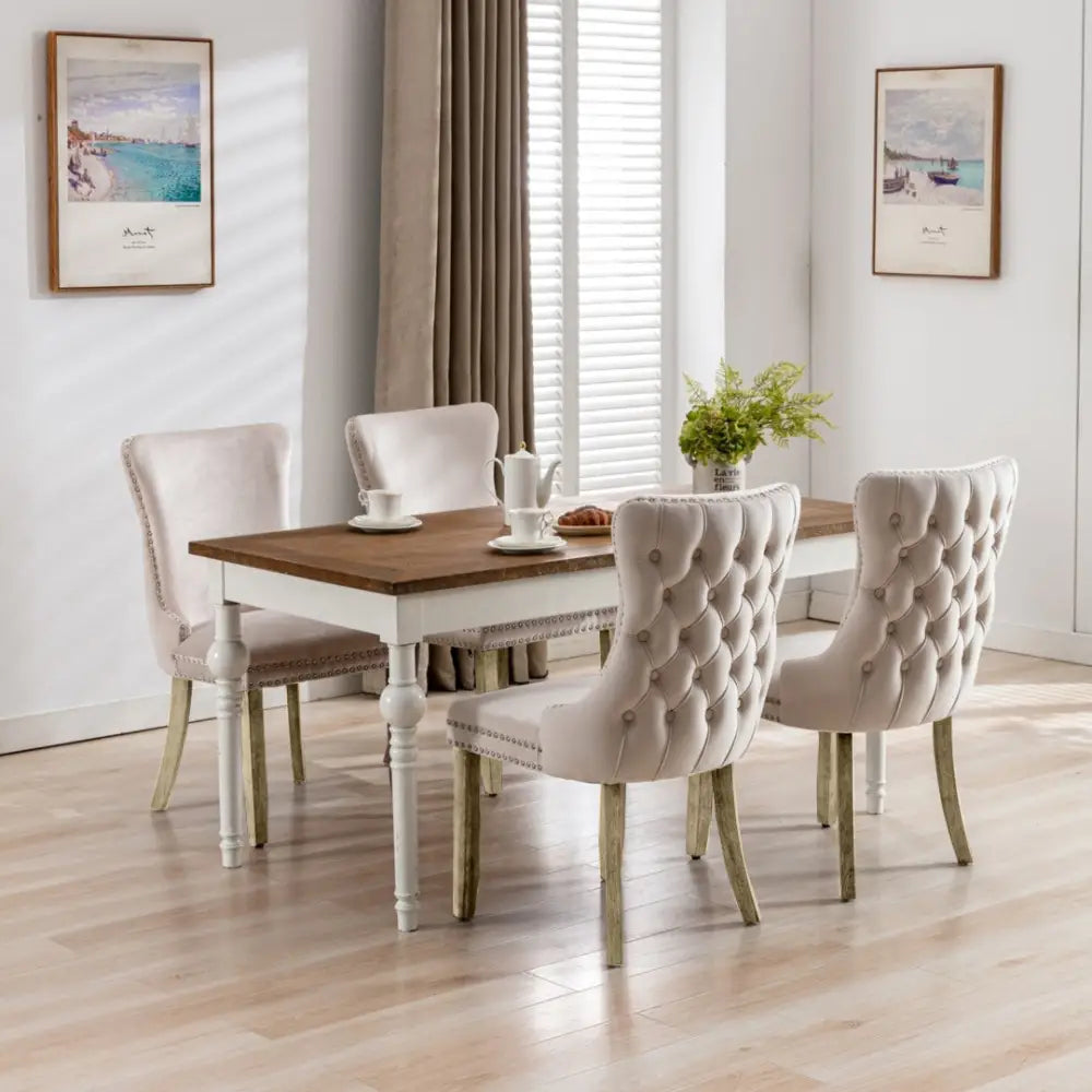 4x Velvet Upholstered Dining Chairs Tufted Wingback Side Chair with Studs Trim Solid Wood Legs for Kitchen - Furniture
