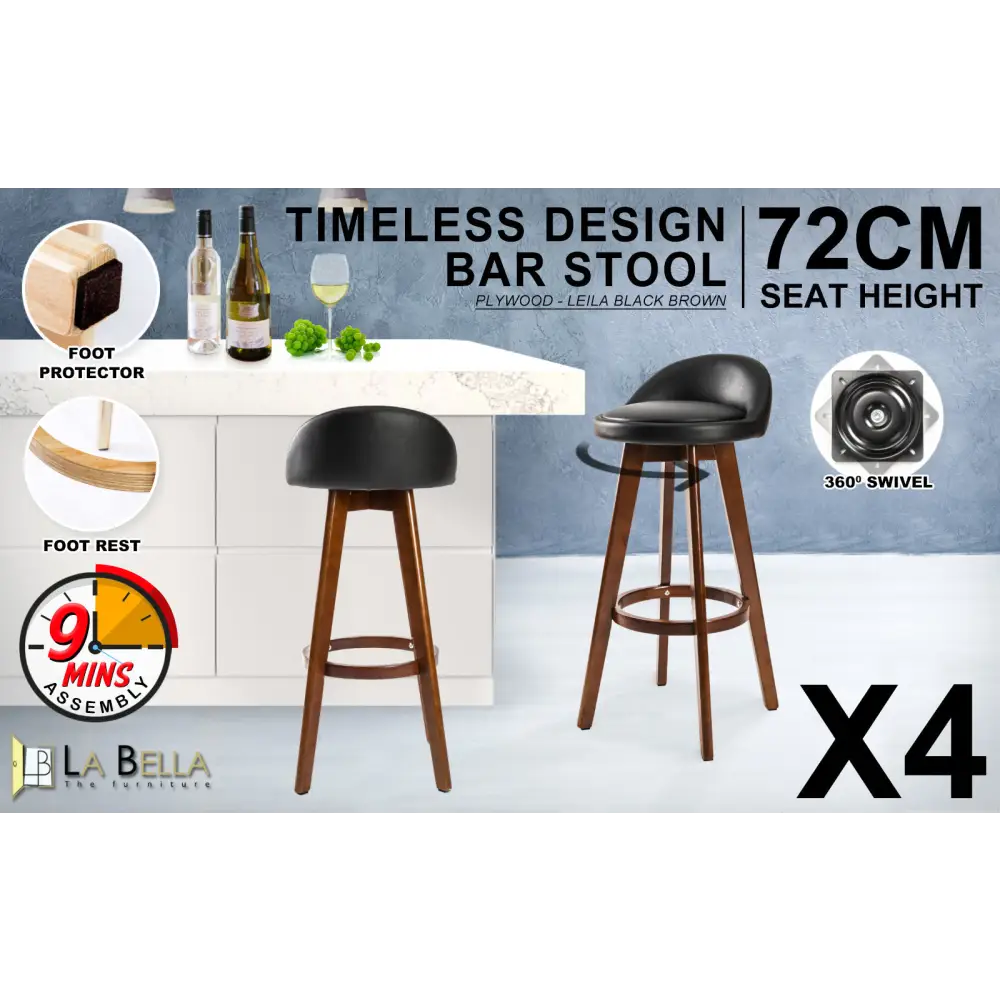 4X Wooden Bar Stool Dining Chair Leather LEILA 72cm BLACK BROWN - Furniture > Bar Stools & Chairs > Table & Bar Stools