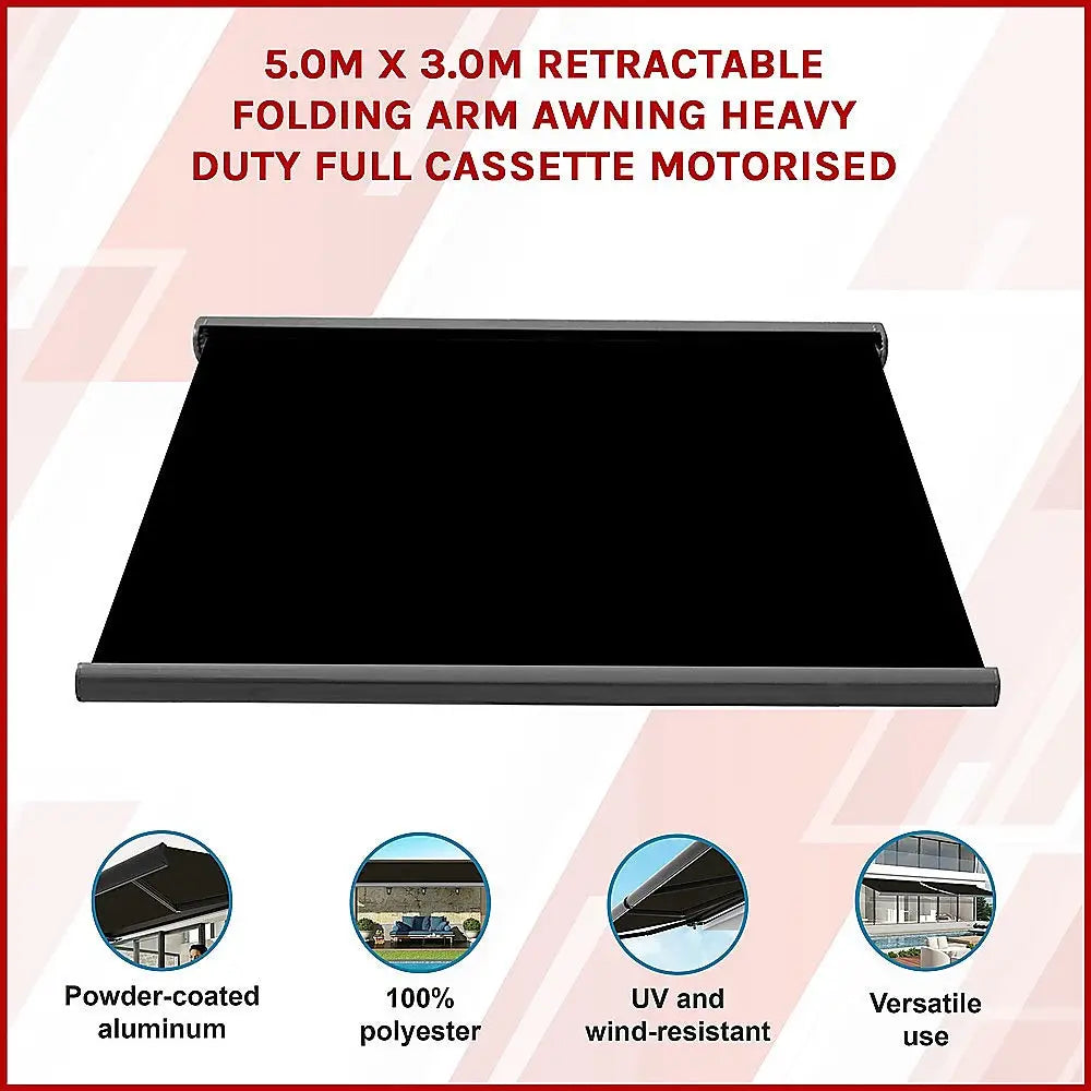 5.0m x 3.0m Retractable Folding Arm Awning Heavy Duty Full Cassette Motorised - Home & Garden > Shading