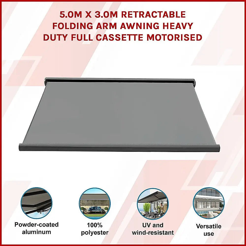 5.0m x 3.0m Retractable Folding Arm Awning Heavy Duty Full Cassette Motorised - Home & Garden > Shading