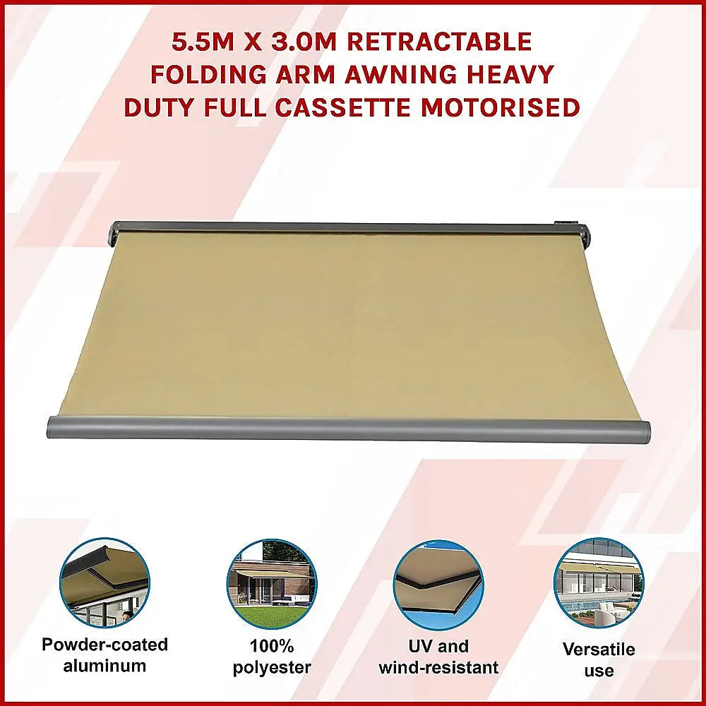 5.5m x 3.0m Retractable Folding Arm Awning Heavy Duty Full Cassette Motorised - Home & Garden > Shading