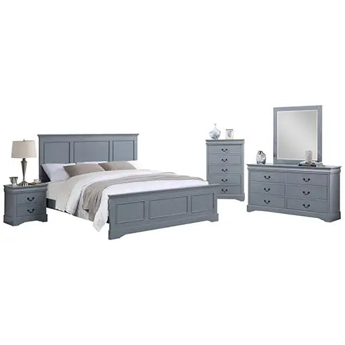 5 Pieces Bedroom Suite in Solid Wood & MDF King Size Grey Colour Bed Bedside Table Dresser & Tallboy - Furniture >