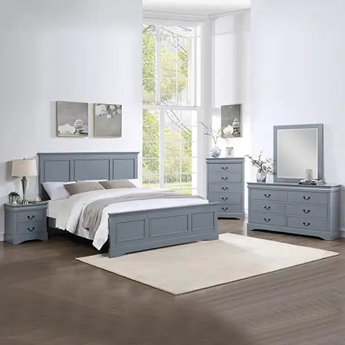 5 Pieces Bedroom Suite in Solid Wood & MDF Queen Size Grey Colour Bed Bedside Table Dresser & Tallboy - Furniture >