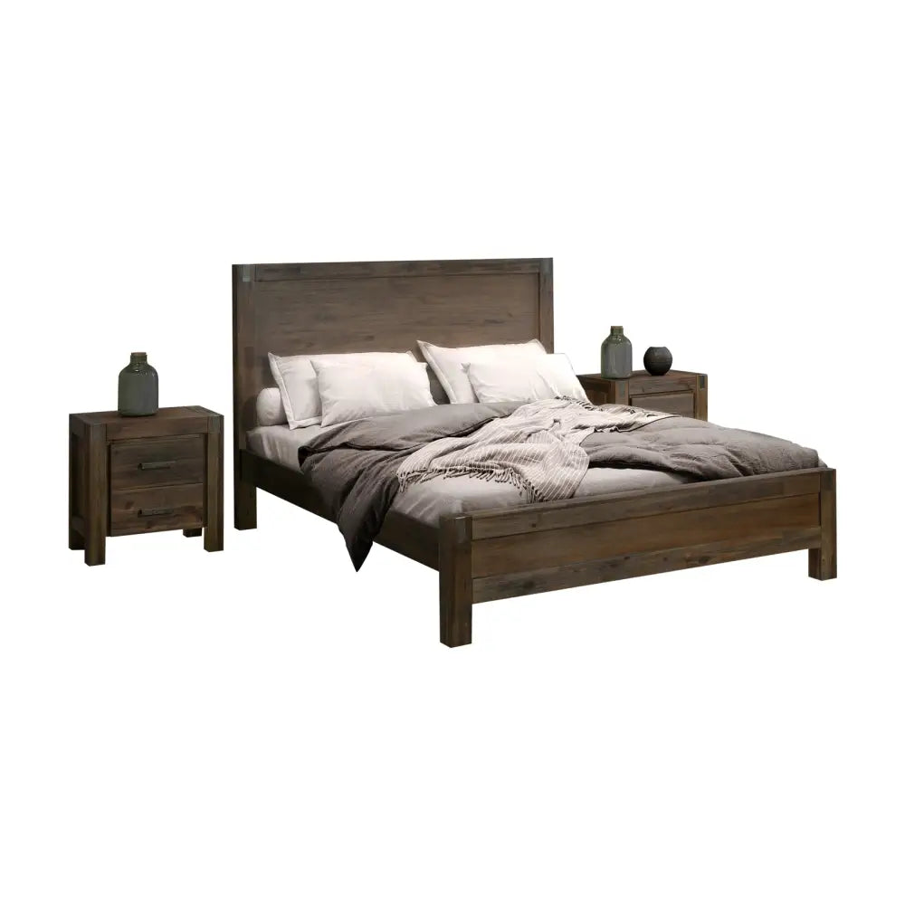 5 Pieces Bedroom Suite in Solid Wood Veneered Acacia Construction Timber Slat King Size Chocolate Colour Bed Bedside