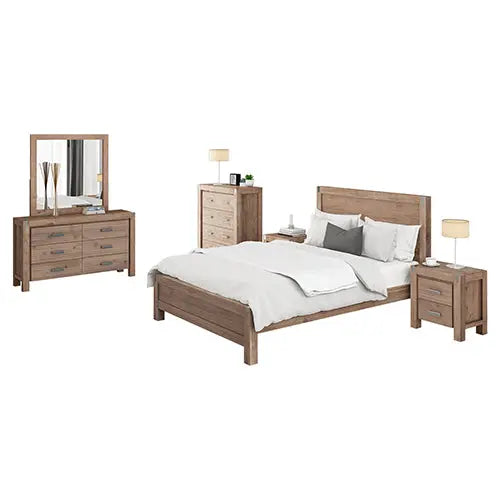 5 Pieces Bedroom Suite in Solid Wood Veneered Acacia Construction Timber Slat Single Size Oak Colour Bed Bedside Table