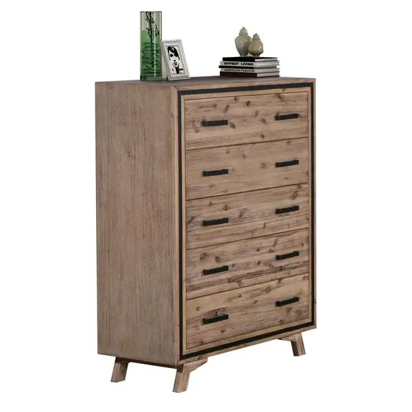 5 Pieces Bedroom Suite King Size Silver Brush in Acacia Wood Construction Bed Bedside Table Tallboy & Dresser
