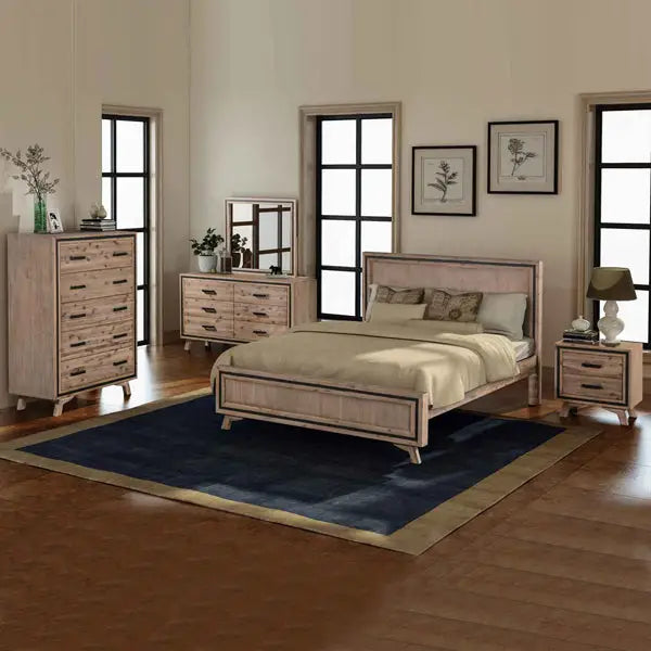 5 Pieces Bedroom Suite King Size Silver Brush in Acacia Wood Construction Bed Bedside Table Tallboy & Dresser