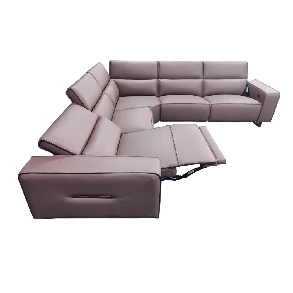 5 Seater Real Cow Leather Sofa with Power Recliner Adjustable Headrest Wooden Frame Corner Lounge - Furniture > Sofas >
